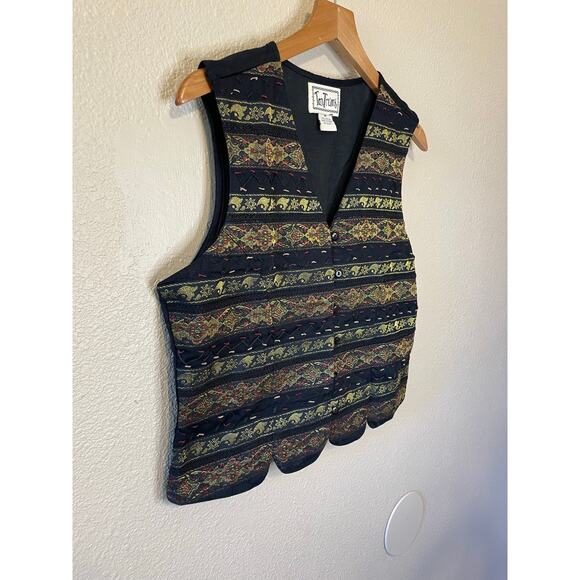 VTG TanTrums Whimsy Goth Striped Embroidered Metallic Button Up Cotton Vest Med - Picture 9 of 10